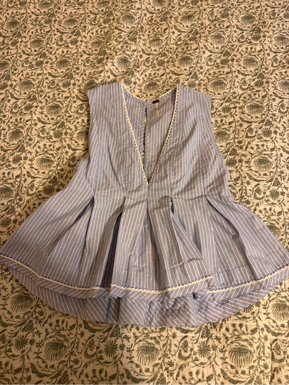 Free People Light Blue Striped Peplum Top with Lace Trim